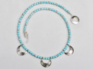 Sterling Silver three Crescent Moon Necklace with gemstone beads