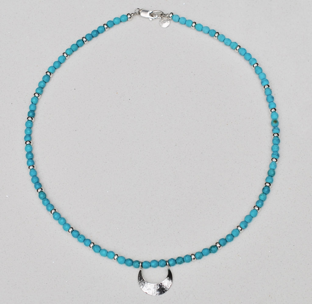 Sterling Silver Crescent Moon Necklace with gemstone beads