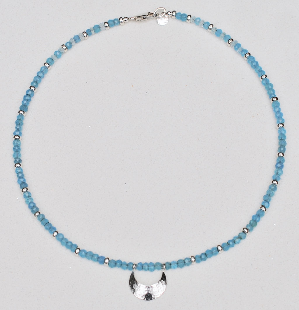 Sterling Silver Crescent Moon Necklace with gemstone beads